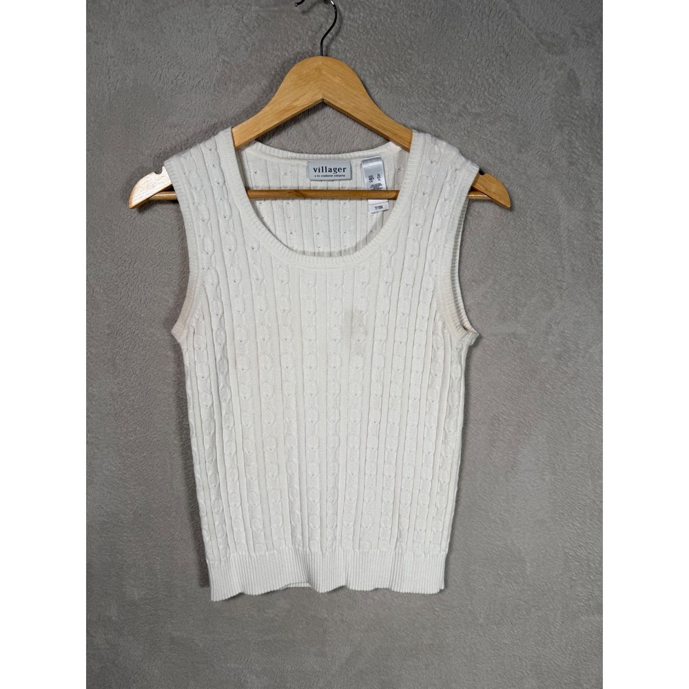 Villager Liz Claiborne Cream Cable Knit Sweater Vest Sleeveless Cotton XL